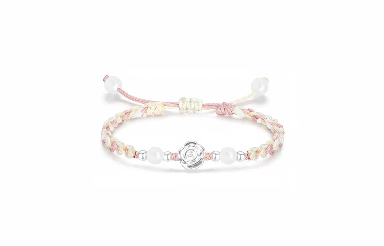 【纯银999】 牧言 玫瑰花 甜美森系气质简约小众设计高级感 立体磨砂花朵转运珠圆珠双色编织绳手饰 琉璃 手绳 女款