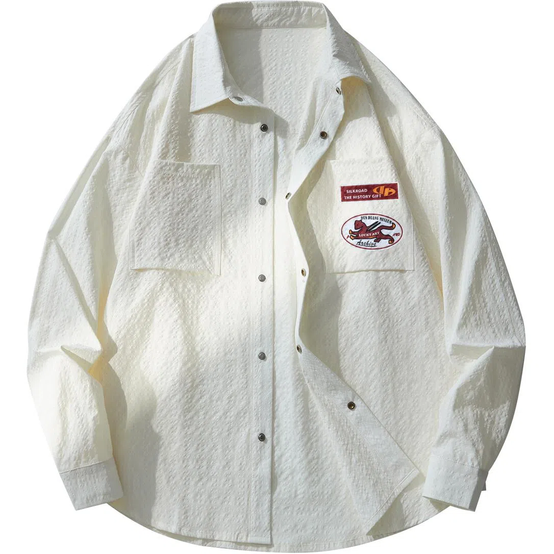 敦煌博物馆 日系复古纯色华夫格舒适百搭休闲翻领长袖衬衫 男女同款