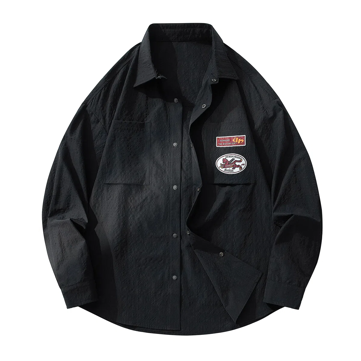 敦煌博物馆 日系复古纯色华夫格舒适百搭休闲翻领长袖衬衫 男女同款