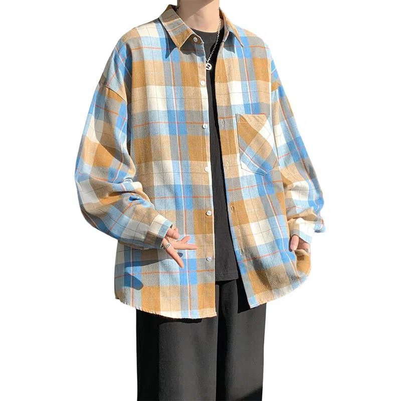 轻迎 港风宽松磨毛格子长袖衬衫 男款