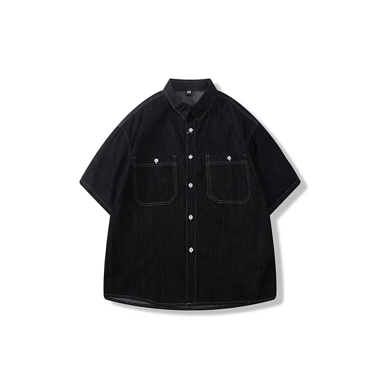 我是大卫 日系复古水洗做旧痞帅宽松牛仔短袖衬衫 男款 黑色