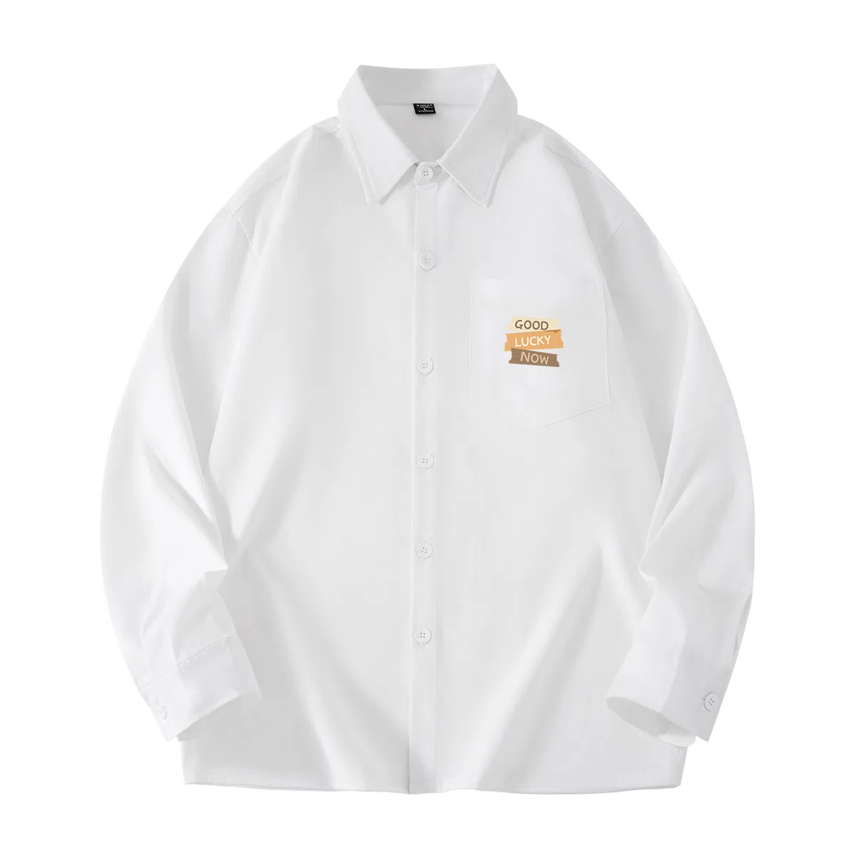 棉致 字母贴纸印花纯色简约通勤基础外搭系扣袖口开叉微宽松休闲长袖衬衫 男女同款