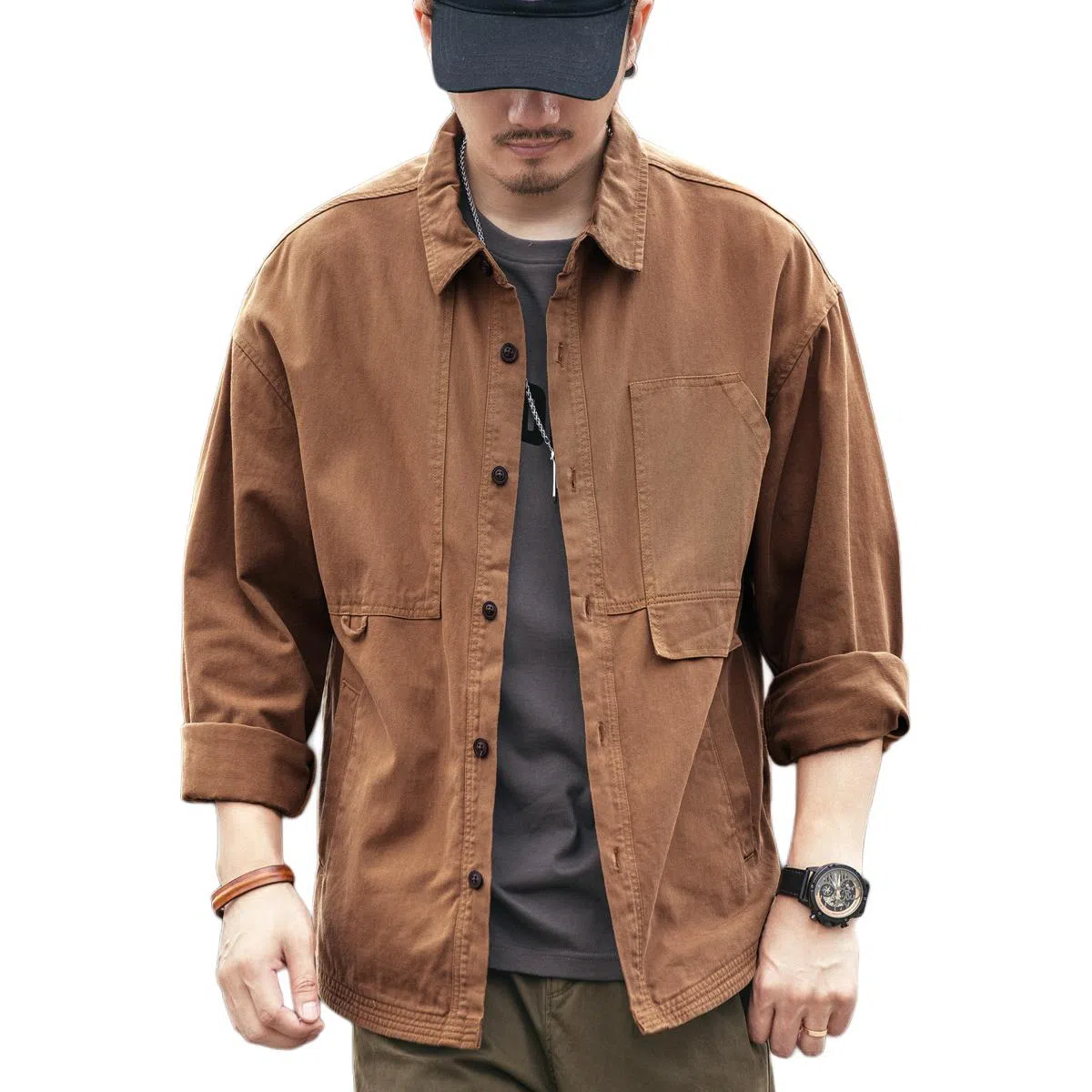 格蓝鹿 宽松纯色休闲长袖衬衫 男款 卡其