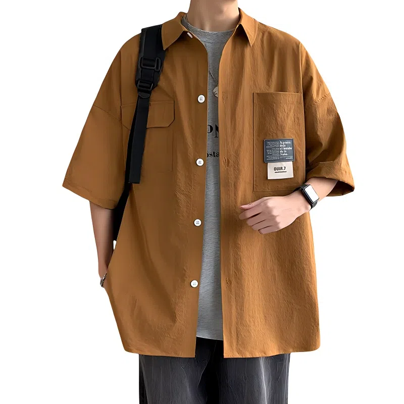 北极绒 休闲潮牌五分袖上衣港风舒适休闲短袖衬衫 男款