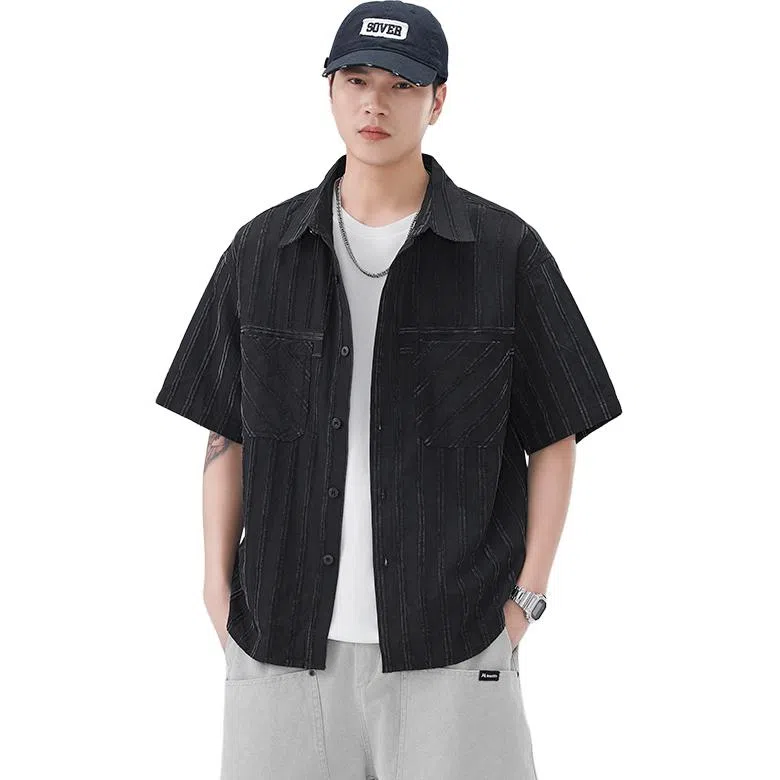 赞仕 美式复古高街口袋纯色潮流短袖衬衫 男款