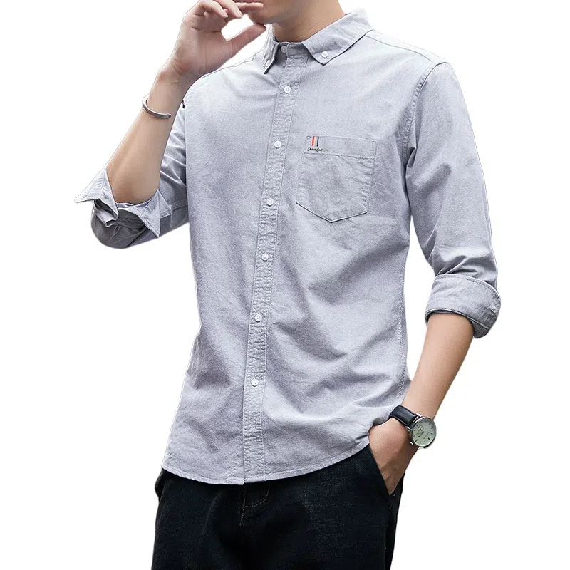 北极绒 纯色修身休闲方领单排扣长袖衬衫 男款