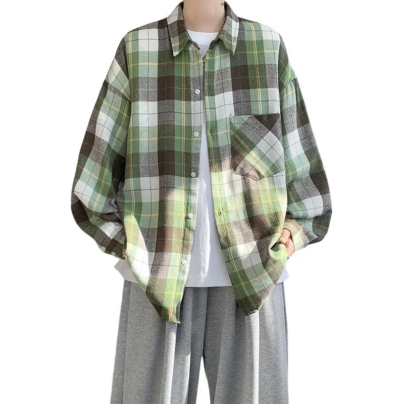 轻迎 港风宽松磨毛格子长袖衬衫 男款