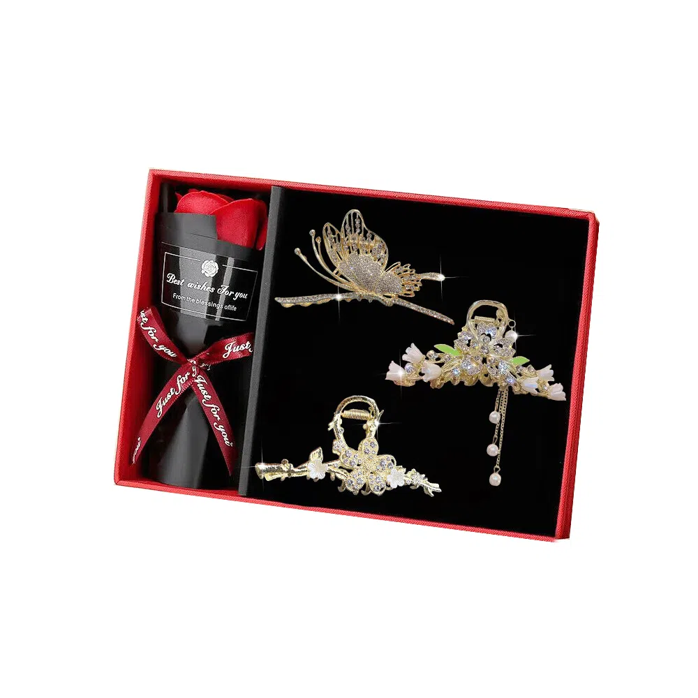 缔晶 森系浪漫蝴蝶流苏花朵鲨鱼夹抓夹套装 春夏清新通勤风日常搭配发饰礼盒 合金 发夹 女款