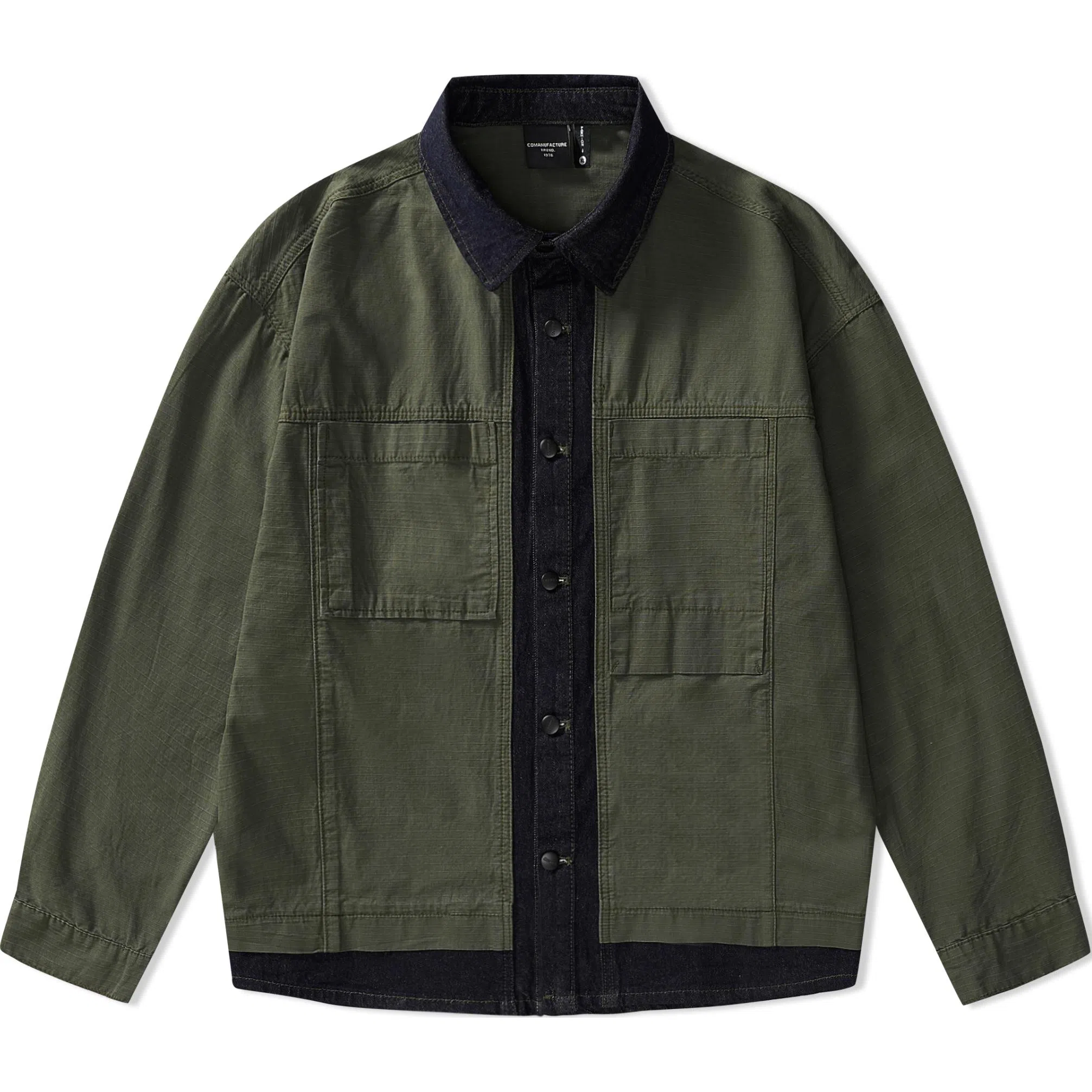 赞仕 不掉色撞色牛仔拼接水洗设计胸前口袋长袖衬衫 男款