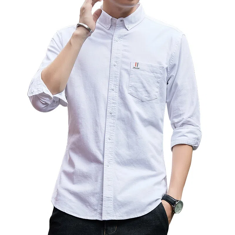 北极绒 纯色修身休闲方领单排扣长袖衬衫 男款