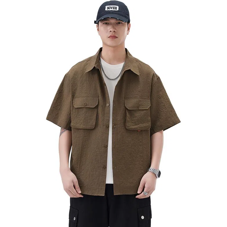 赞仕 日系胸前口袋设计感休闲短袖衬衫 男款