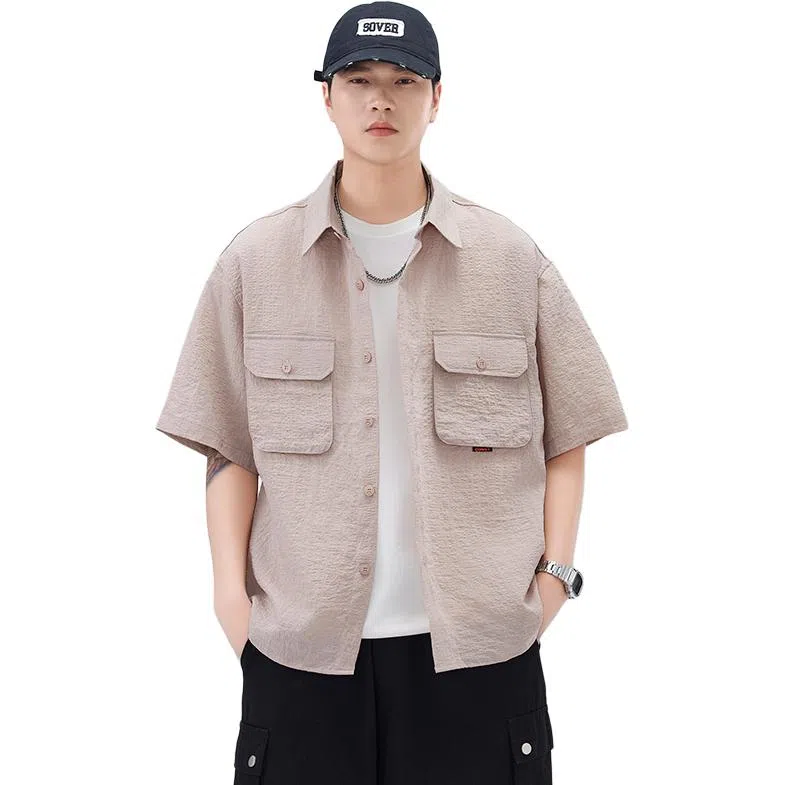 赞仕 日系胸前口袋设计感休闲短袖衬衫 男款