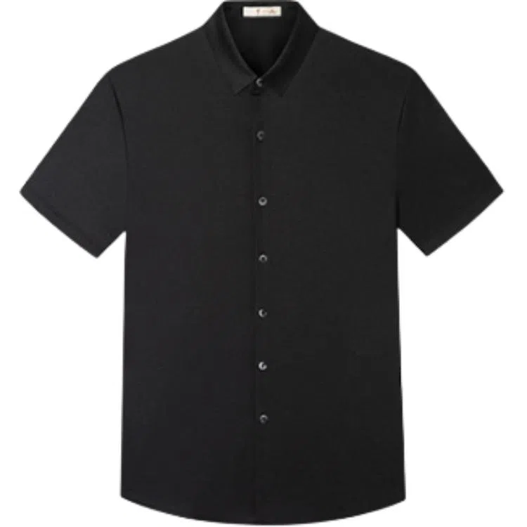 才子 修身翻领纯色短袖衬衫 男款 黑色