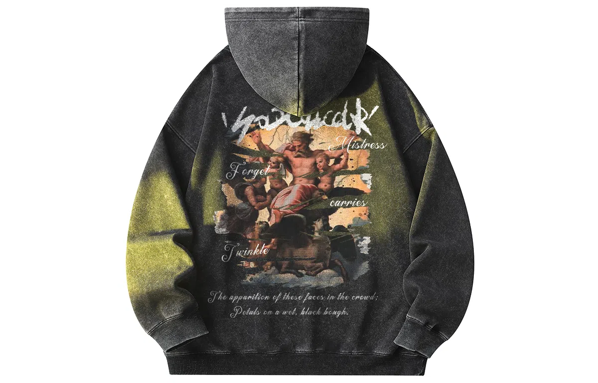 冰飞 美式复古嘻哈街头个性灵感创意撕裂感西方人物油画图案印花宽松休闲高级感水洗做旧上衣服重磅时尚百搭连帽卫衣 男女同款