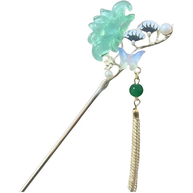 【荷你有约】 指尖瑰宝 清冷古风荷花蝴蝶福气满满好运莲莲新中式轻奢简约高级感流苏吊坠发钗#好运 镀银 发簪 女款