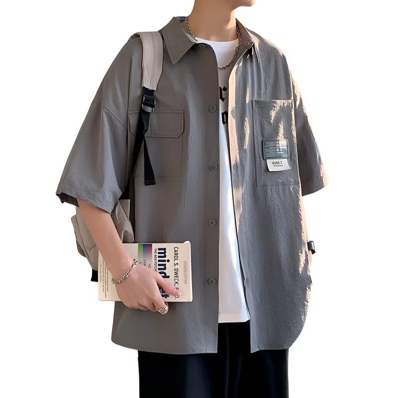 北极绒 休闲潮牌五分袖上衣港风舒适休闲短袖衬衫 男款