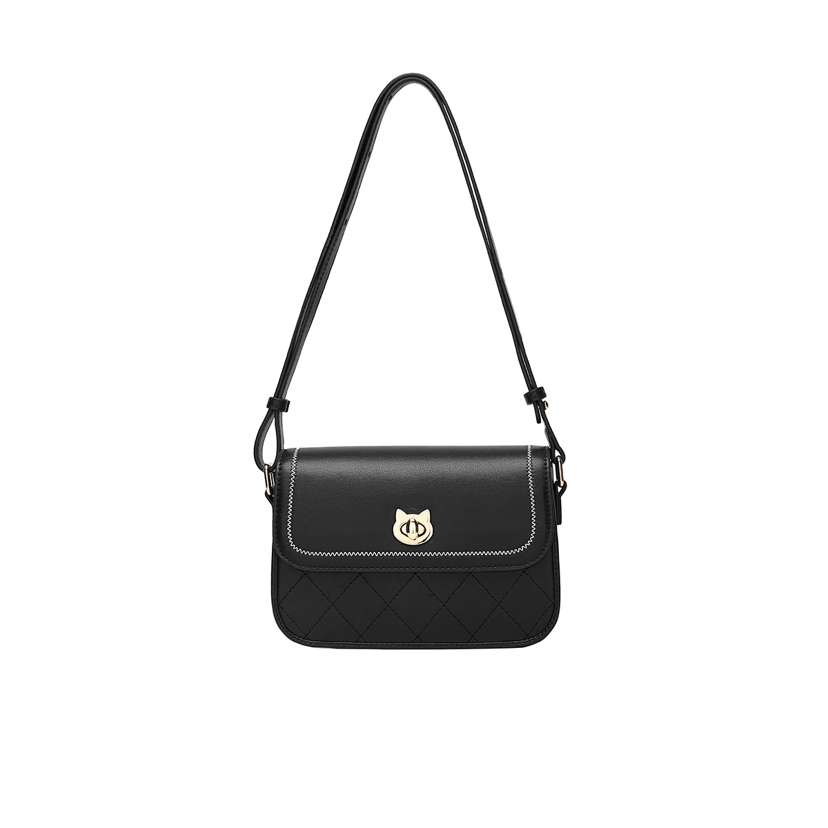 稻草人 百搭时尚小方包 小众通勤实用菱格 人造革 单肩斜挎包 女款 黑色/米白