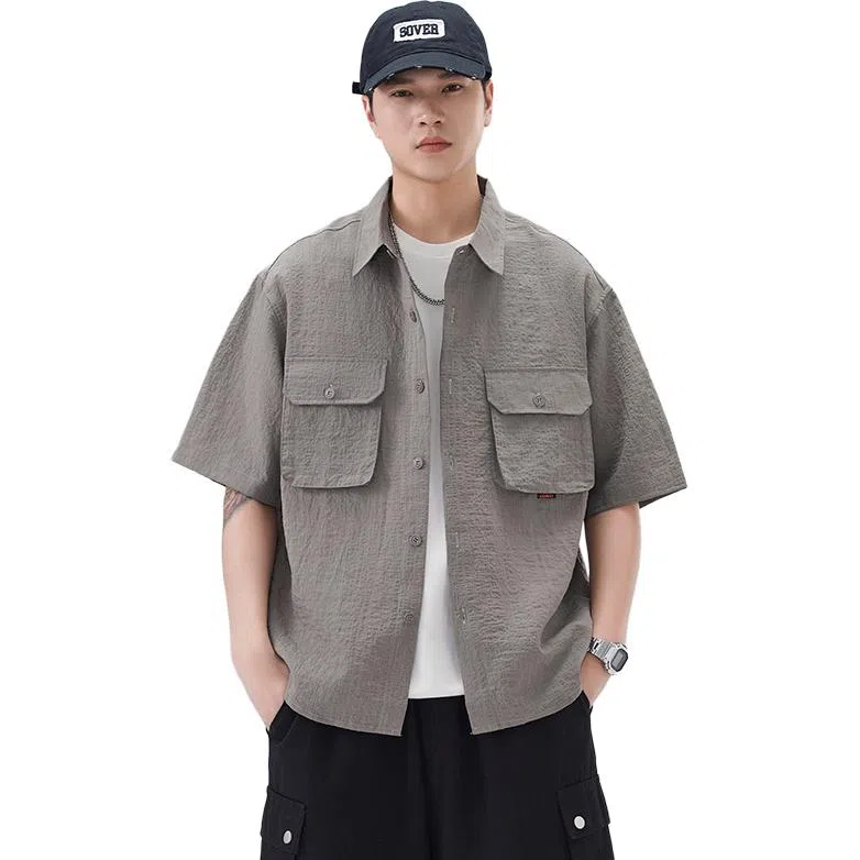 赞仕 日系胸前口袋设计感休闲短袖衬衫 男款