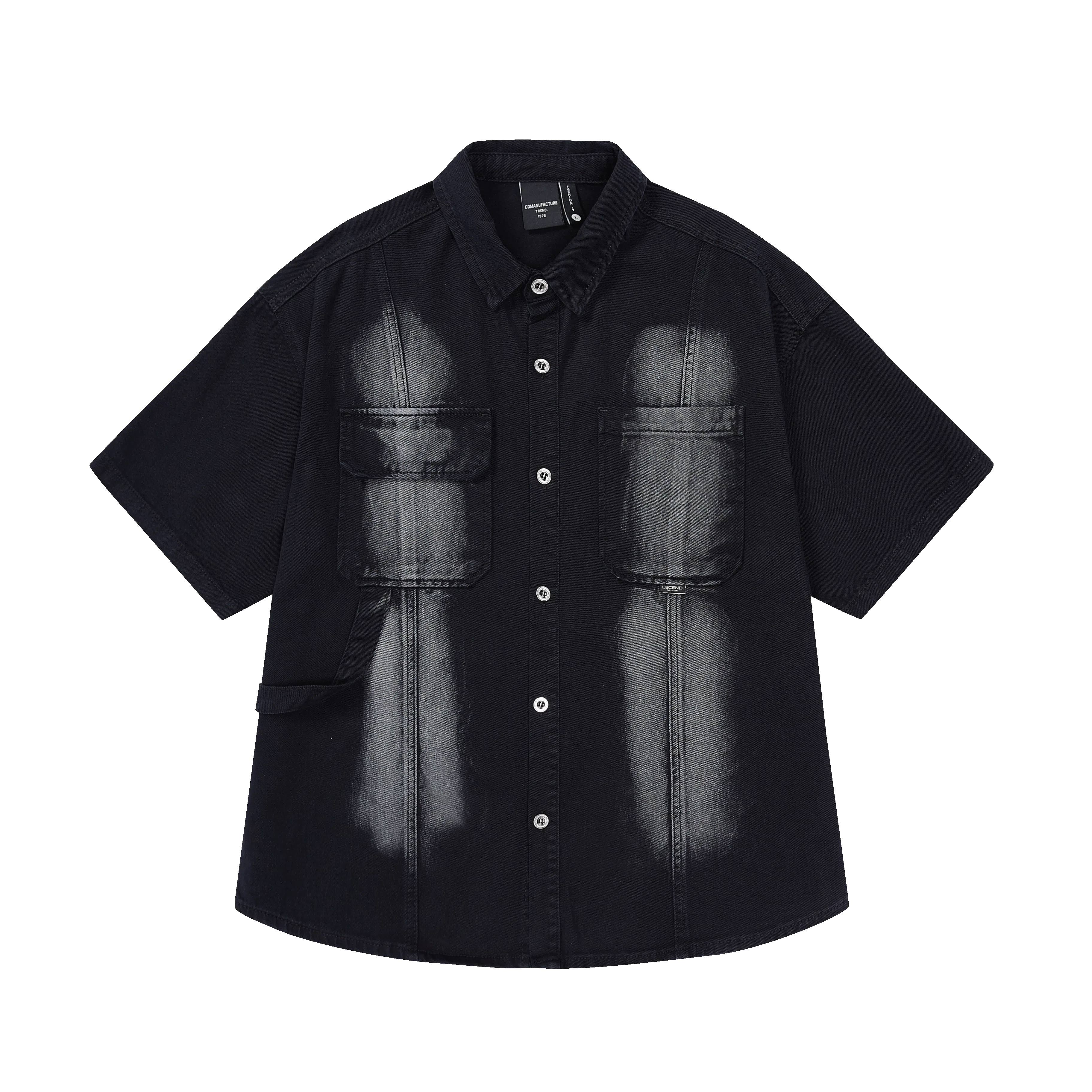 赞仕 美式高街复古设计感水洗百搭潮牌短袖衬衫 男款 黑色