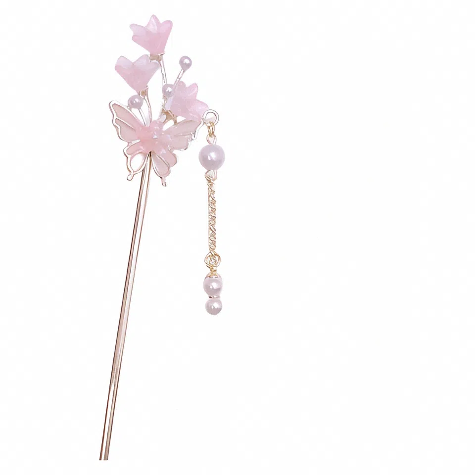 【愿君福叠】 指尖瑰宝 彩蝶翩翩蝴蝶花朵发钗高级感珍珠流苏步摇新中式古风盘发发饰簪花优雅气质 镀银 发簪 女款