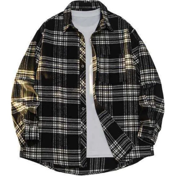 恒源祥 宽松尖领潮流百搭格子休闲长袖衬衫 男款 黑色