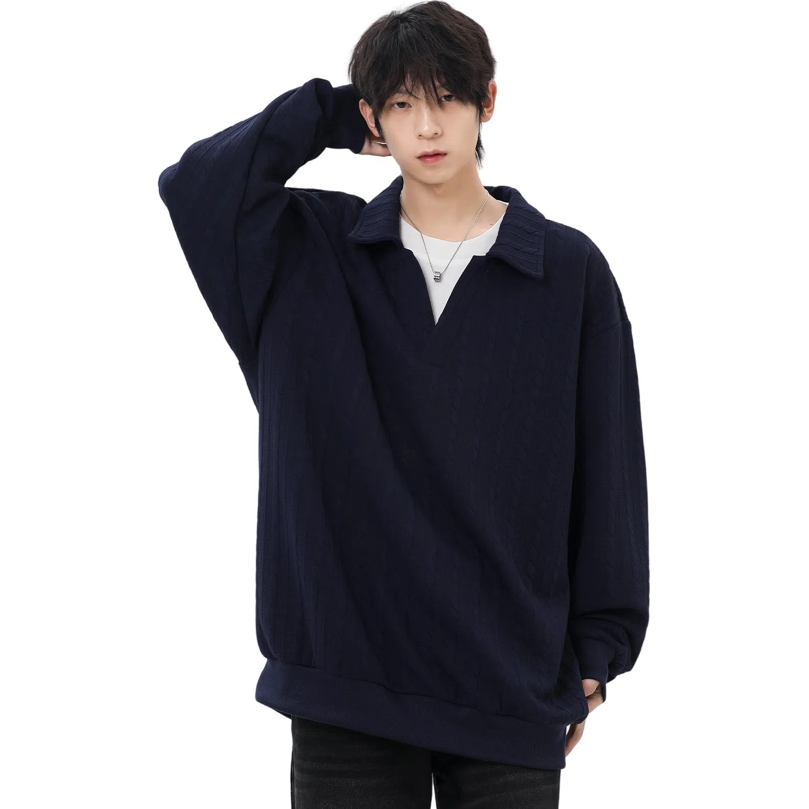 木林森 休闲假两件麻花纹设计翻领设计套头条纹长袖衬衫 男女同款