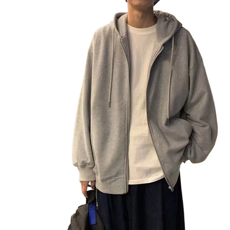 玉儿恋 纯色连帽落肩宽松开衫拉链休闲卫衣 男款