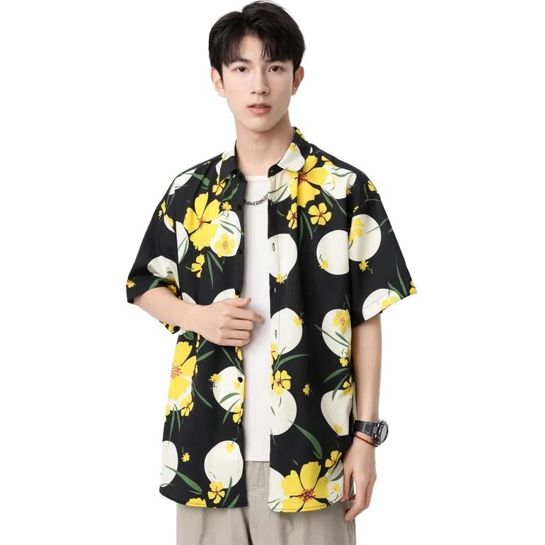 袋鼠 国风夏威夷满印花卉宽松休闲短袖衬衫 男女同款