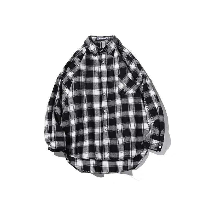 乱步 复古格子美式长短衬衫 男女同款