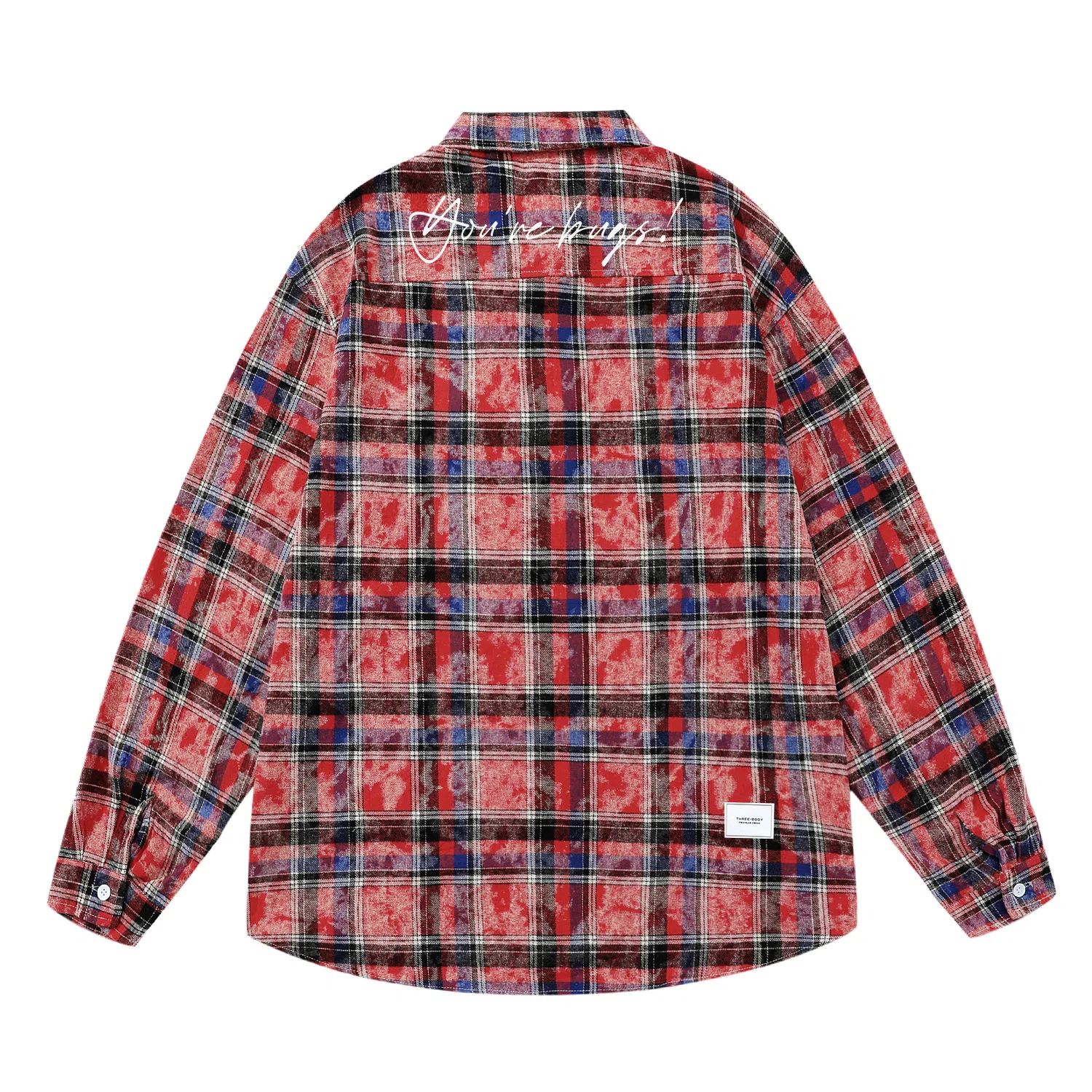 三体 你们都是虫子系列 简约基础款撞色字母印花美式复古格子休闲宽松百搭翻领高街潮牌学生多巴胺多彩格纹长袖衬衫 男女同款