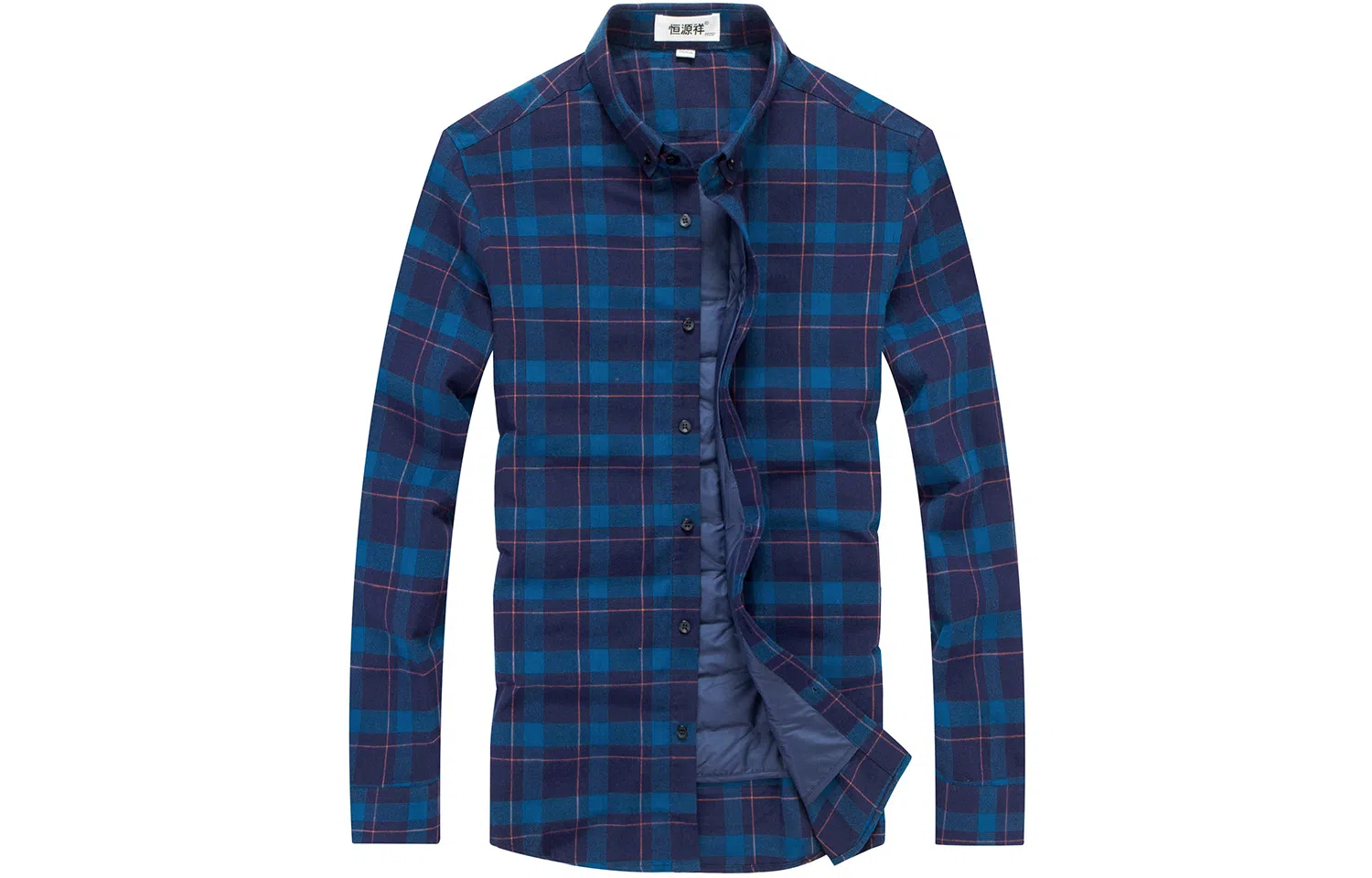 恒源祥 磨毛格子尖领加绒加厚保暖羽绒通勤休闲长袖衬衫 男款