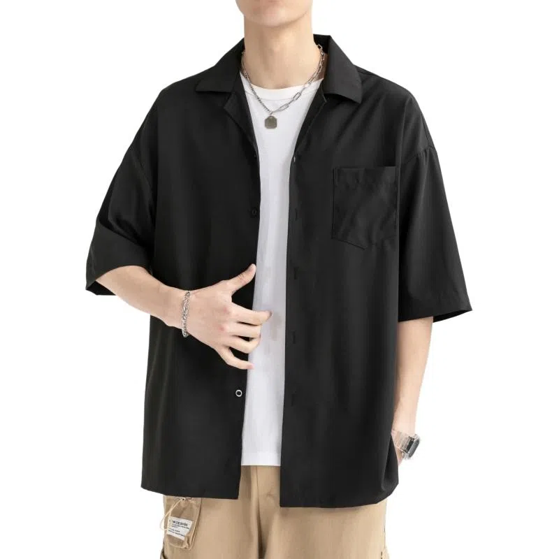 袋鼠 美式复古基础款简约纯色宽松休闲单排扣轻薄透气凉感翻领短袖衬衫 男女同款