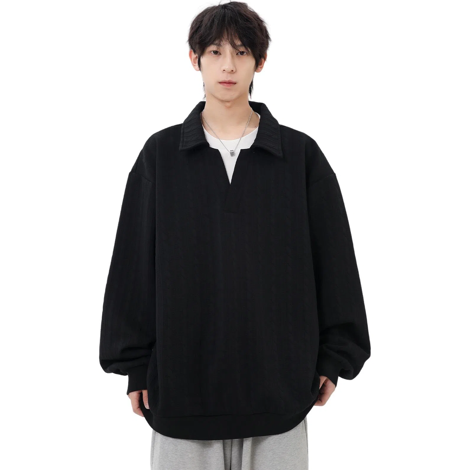 木林森 休闲假两件麻花纹设计翻领设计套头条纹长袖衬衫 男女同款