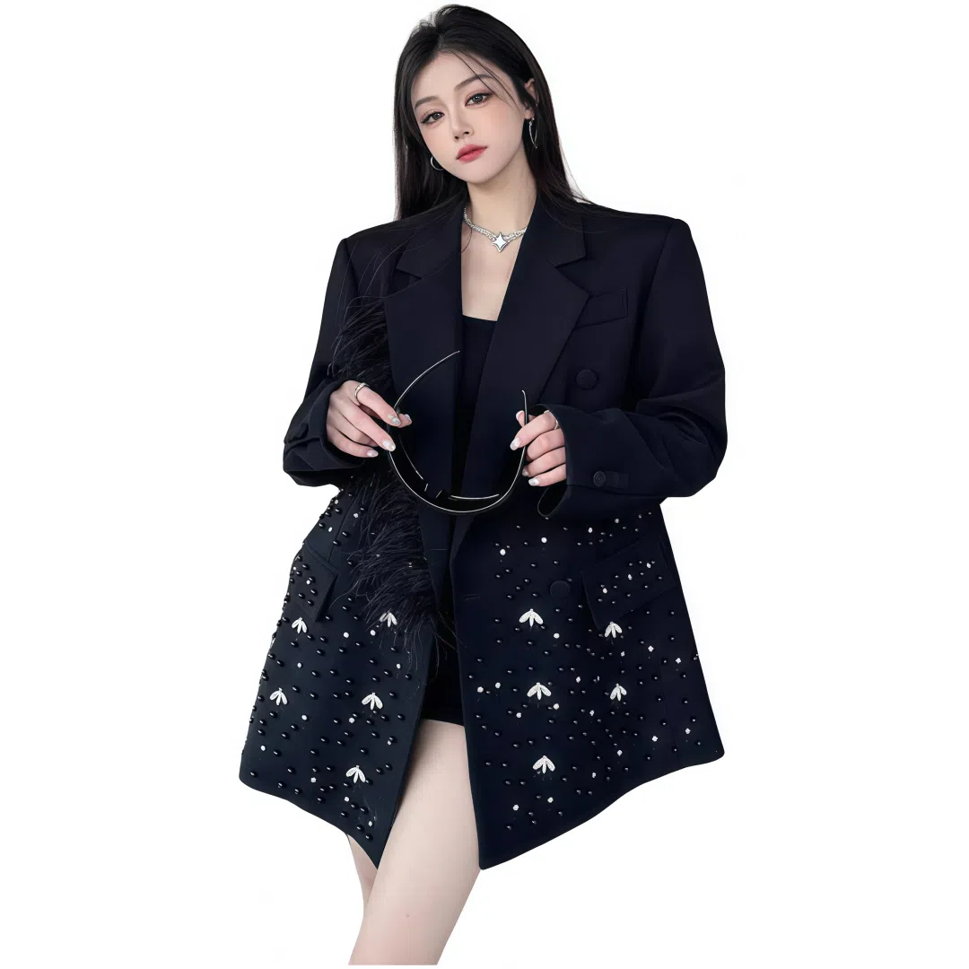 韩系重工烫钻钉珠流苏设计感酷飒西服外套西装 男女同款