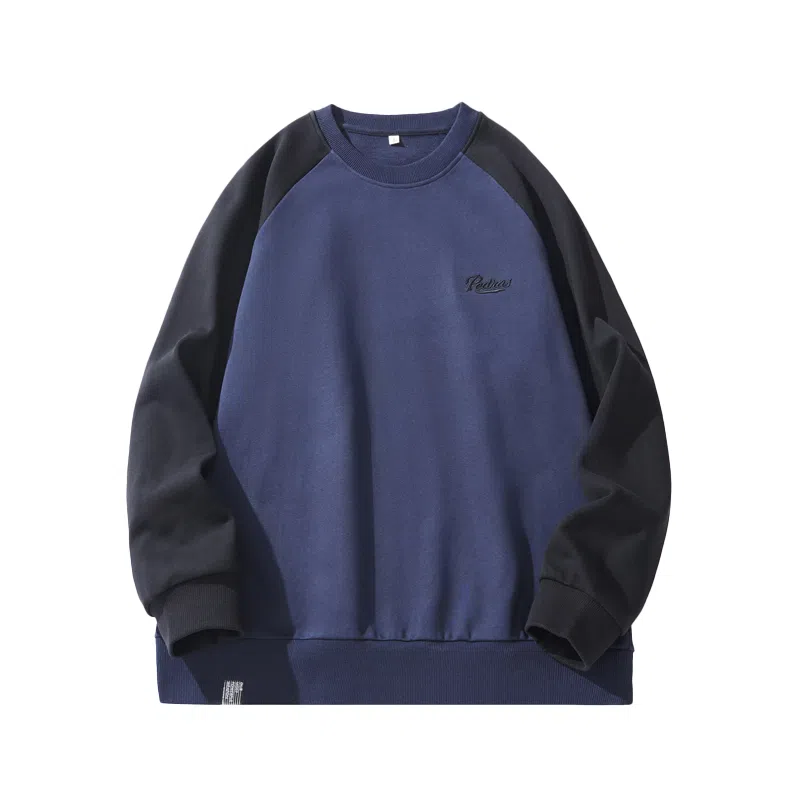 赞仕 重磅美式复古撞色拼接圆领百搭卫衣 男女同款 深蓝