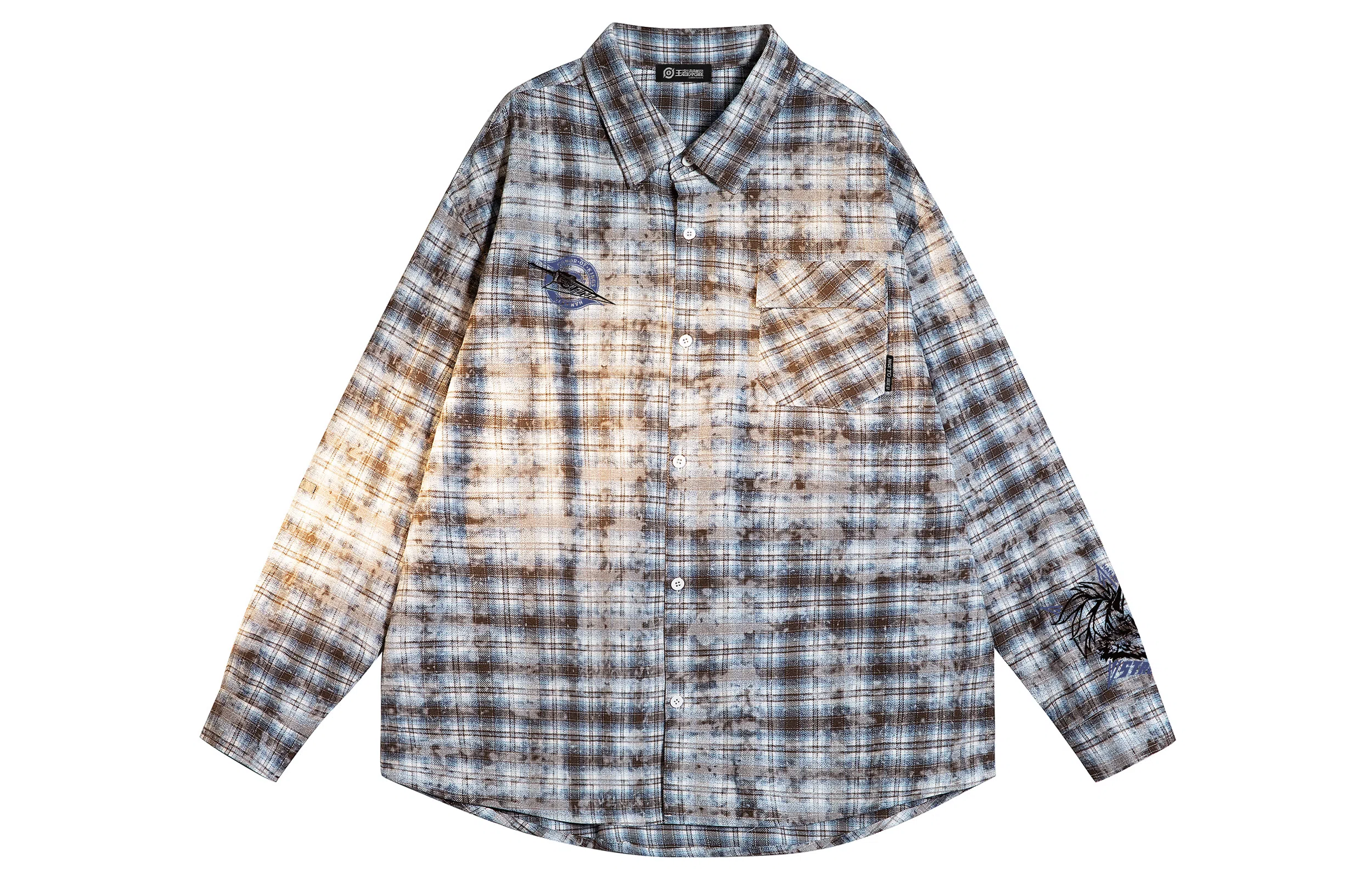 王者荣耀 韩信款 美式复古扎染格子经典格纹翻领单排扣小衫休闲宽松简约百搭长袖衬衫 男女同款