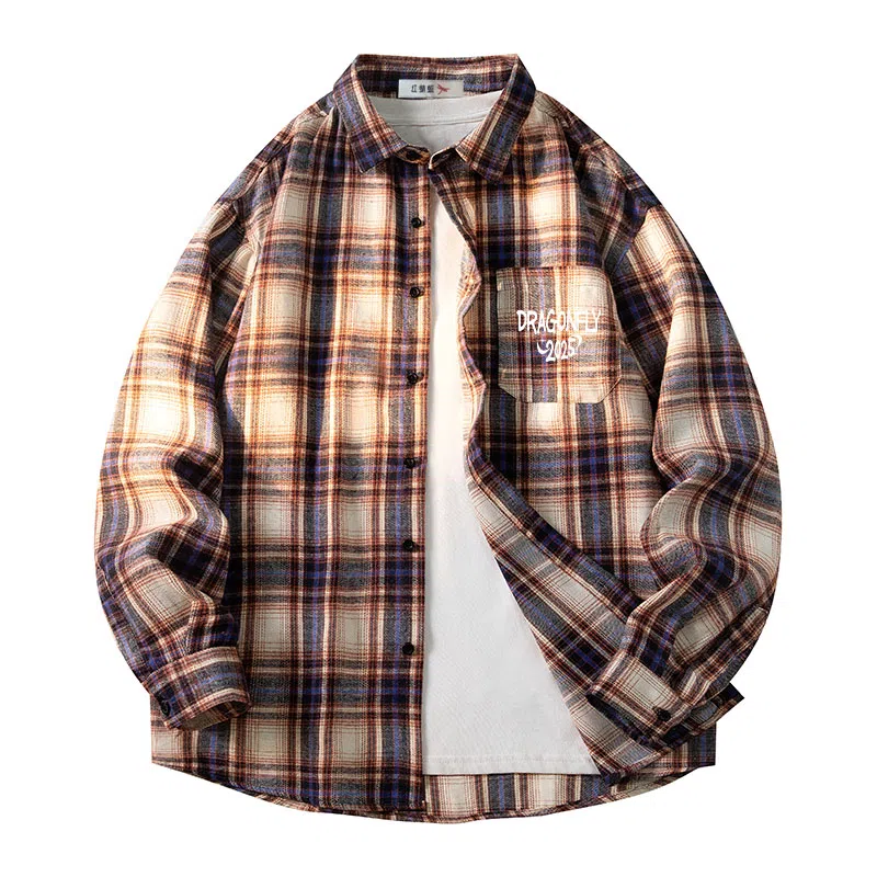 红蜻蜓 格子条纹翻领宽松舒适百搭休闲长袖衬衫 男女同款