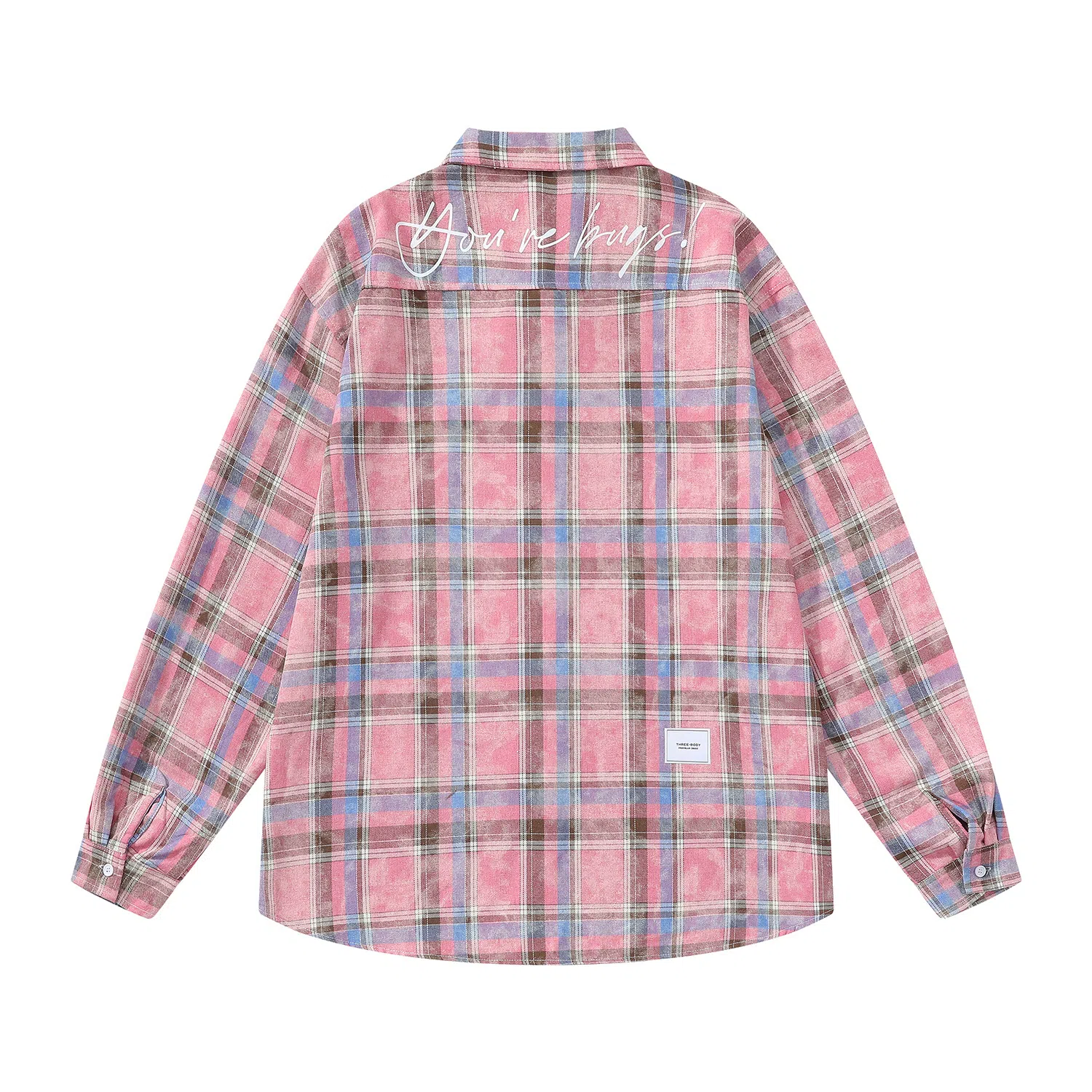 三体 你们都是虫子系列 简约基础款撞色字母印花美式复古格子休闲宽松百搭翻领高街潮牌学生多巴胺多彩格纹长袖衬衫 男女同款