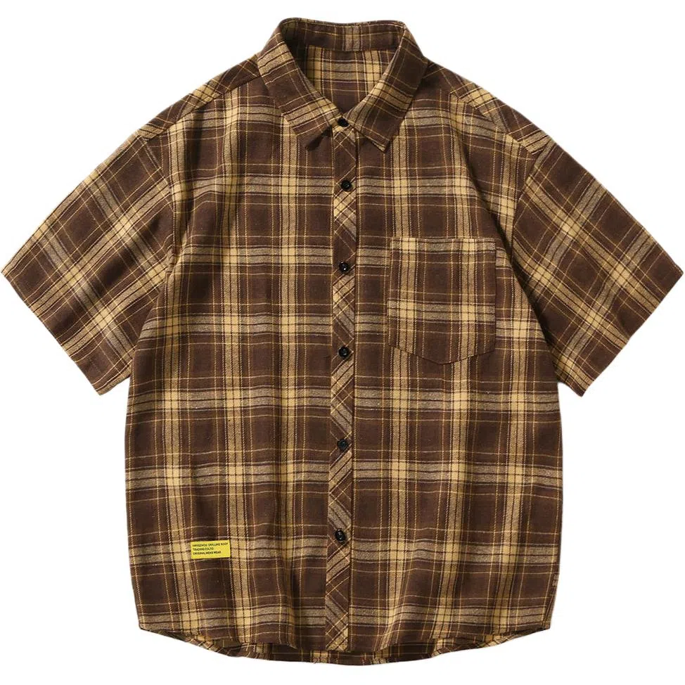 颂希尔 复古格子休闲短袖衬衫 男女同款