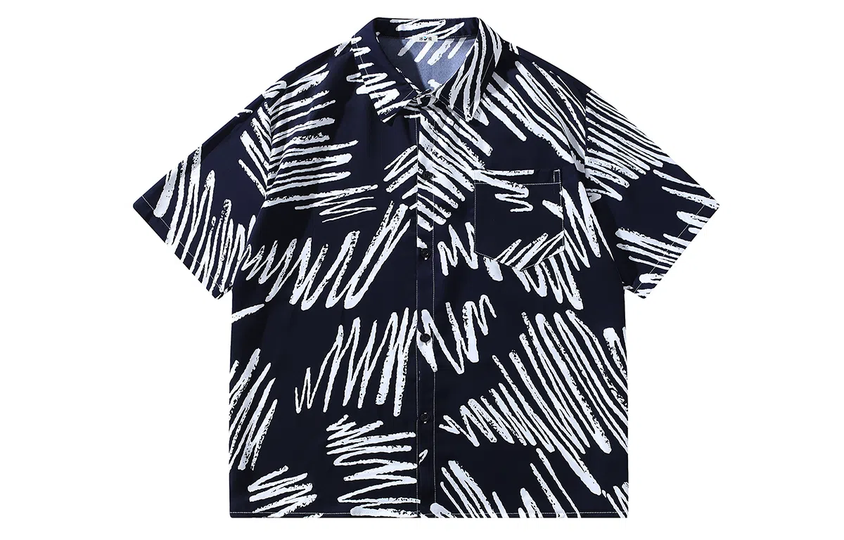 冰飞 美式复古时尚个性冰丝凉感亲肤透气夏威夷风沙滩半袖衬衣服潮牌潮流短袖条纹花衬衫 男女同款