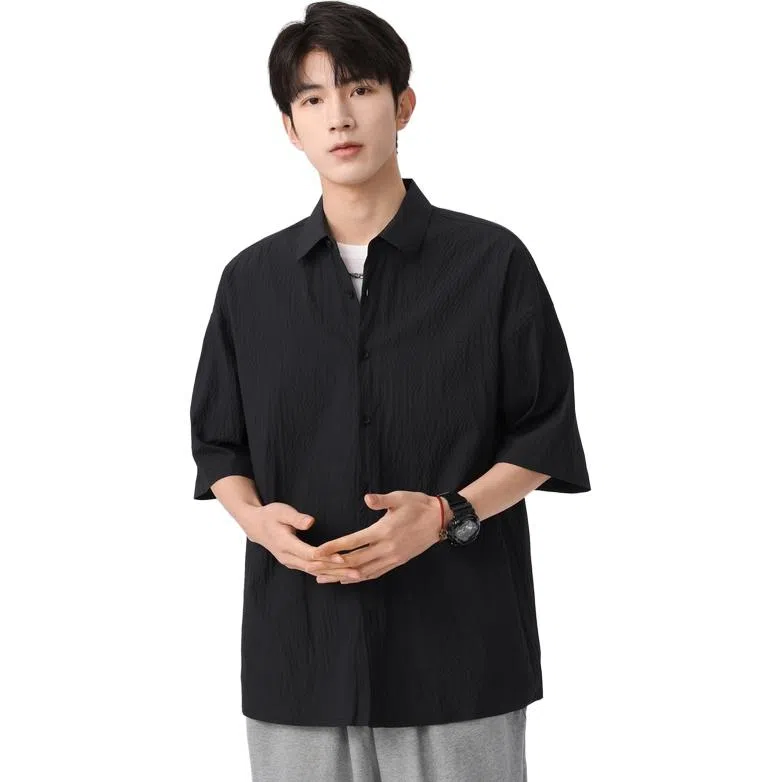 袋鼠 简约纯色宽松休闲百搭短袖衬衫 男女同款