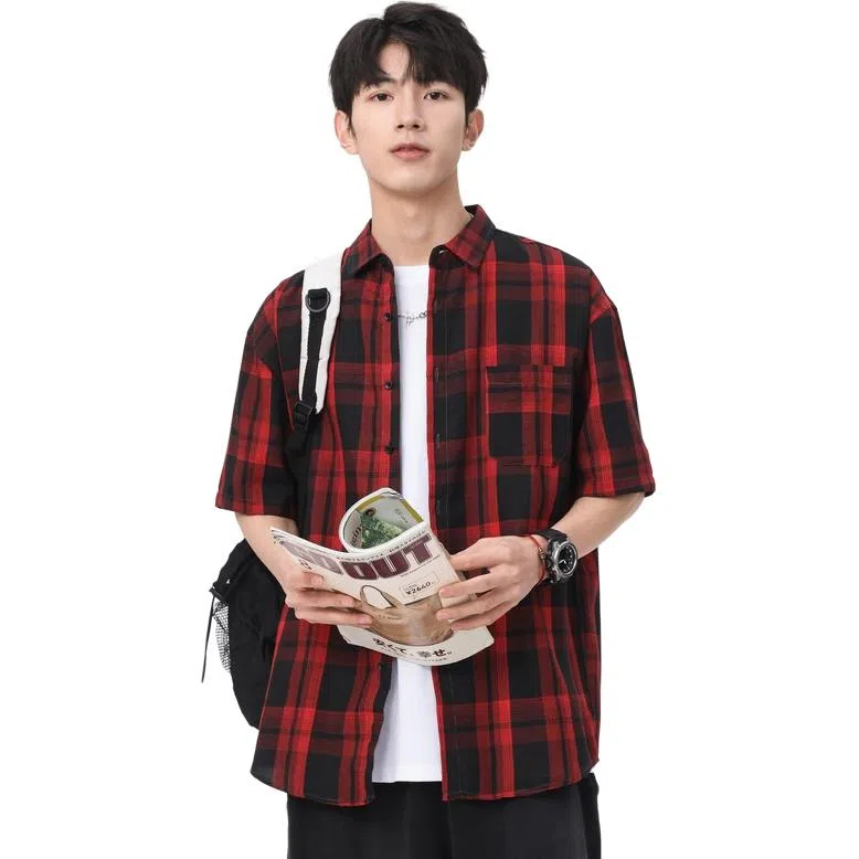 袋鼠 美式复古简约基础百搭宽松休闲拼接撞色慵懒格子格纹短袖衬衫 男女同款