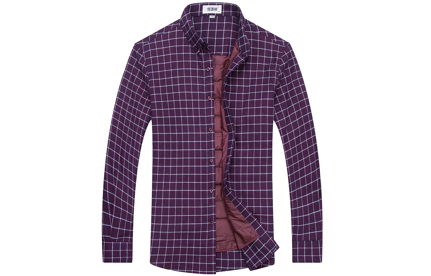 恒源祥 格子加绒加厚保暖方领羽绒长袖衬衫 男款 酒红色