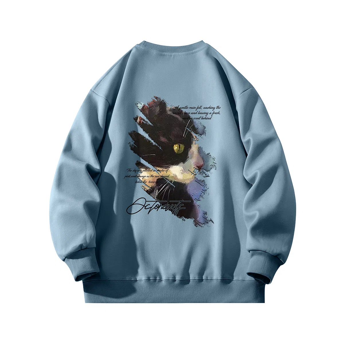 海底小纵队 美式复古猫英文品牌涂鸦印花重磅圆领落肩卫衣 男女同款