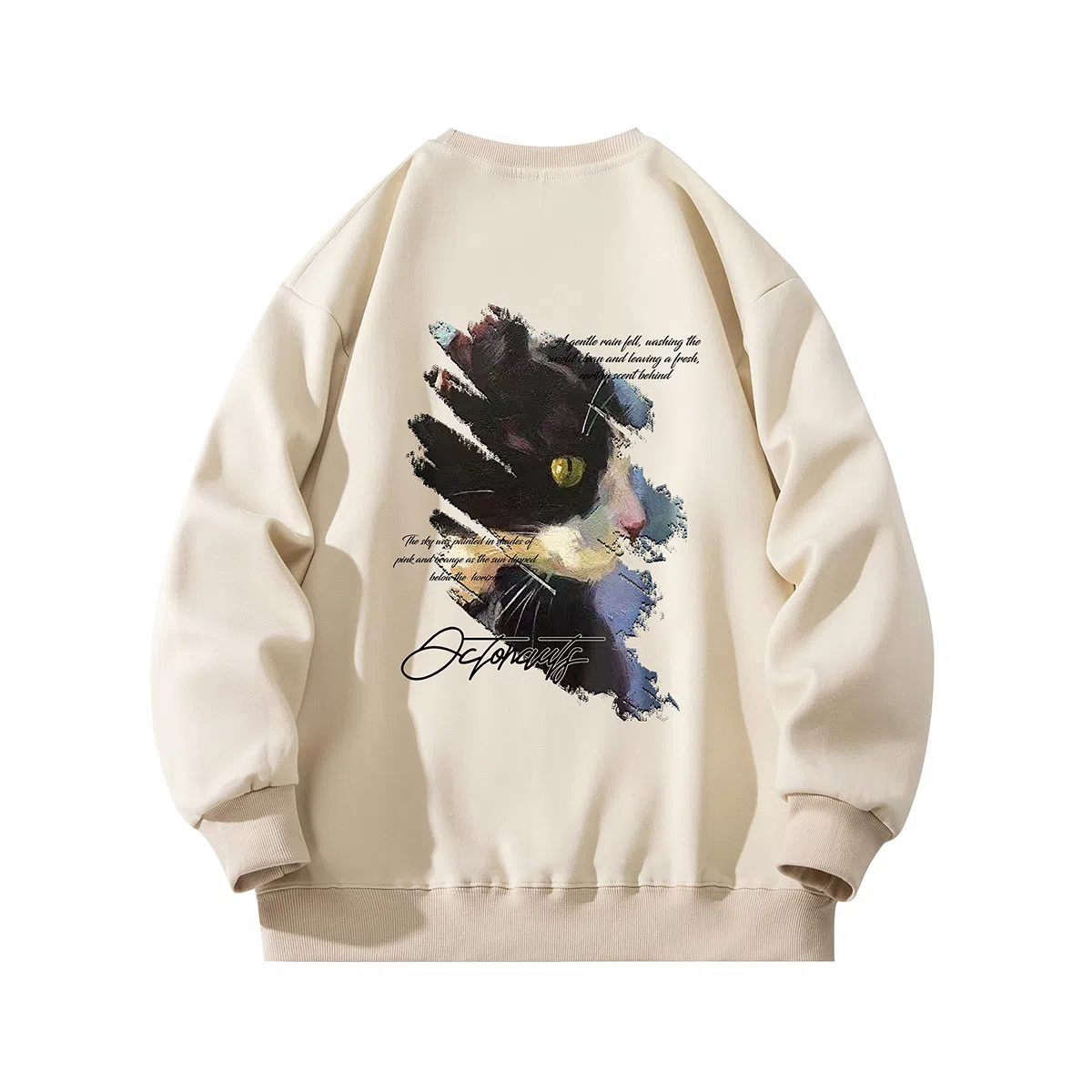 海底小纵队 美式复古猫英文品牌涂鸦印花重磅圆领落肩卫衣 男女同款