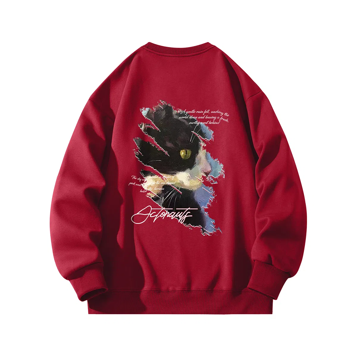 海底小纵队 美式复古猫英文品牌涂鸦印花重磅圆领落肩卫衣 男女同款