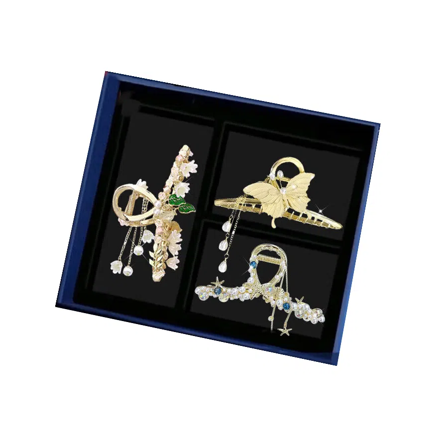 缔晶 森系时尚珍珠蝴蝶花朵流苏鲨鱼夹套装 清新浪漫春夏通勤发饰礼盒 合金 发夹 女款