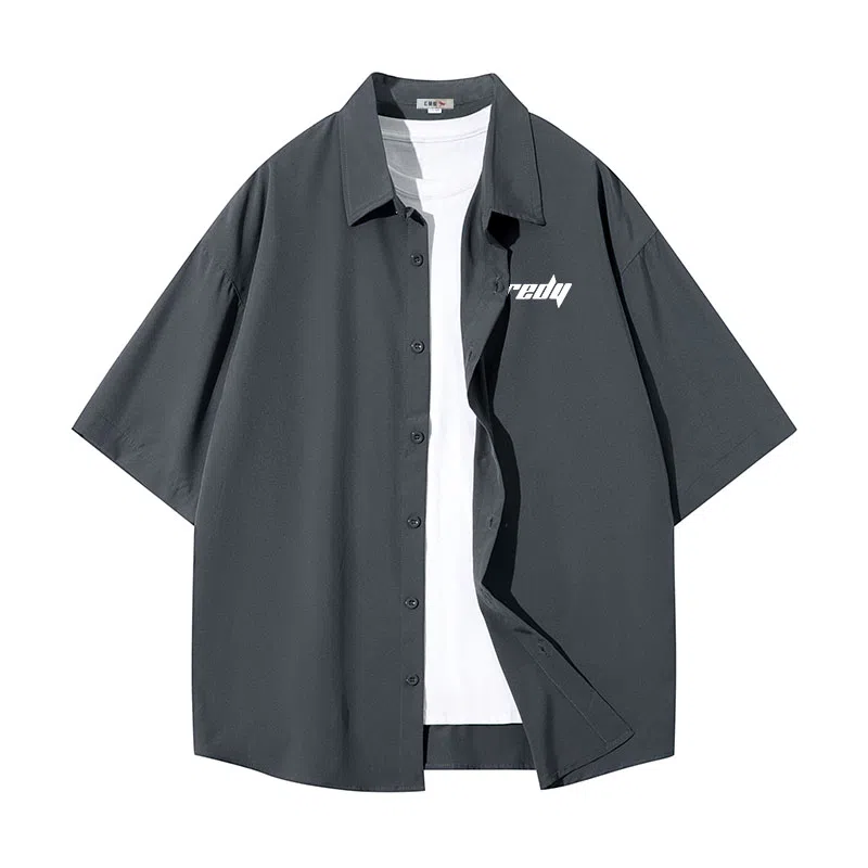 红蜻蜓 美式高街基础纯色复古简约字母宽松休闲落肩百搭经典短袖衬衫 男女同款