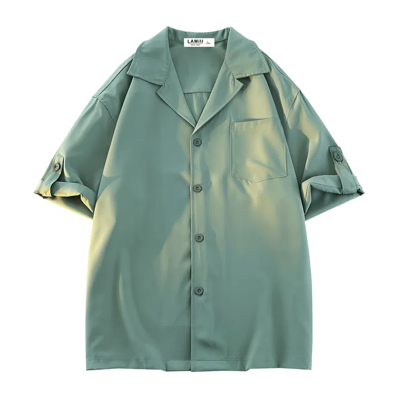 兰缪 美式复古高街风纯色基础款休闲透气宽松日常百搭通勤亲肤舒适柔软圆领短袖衬衫 男女同款