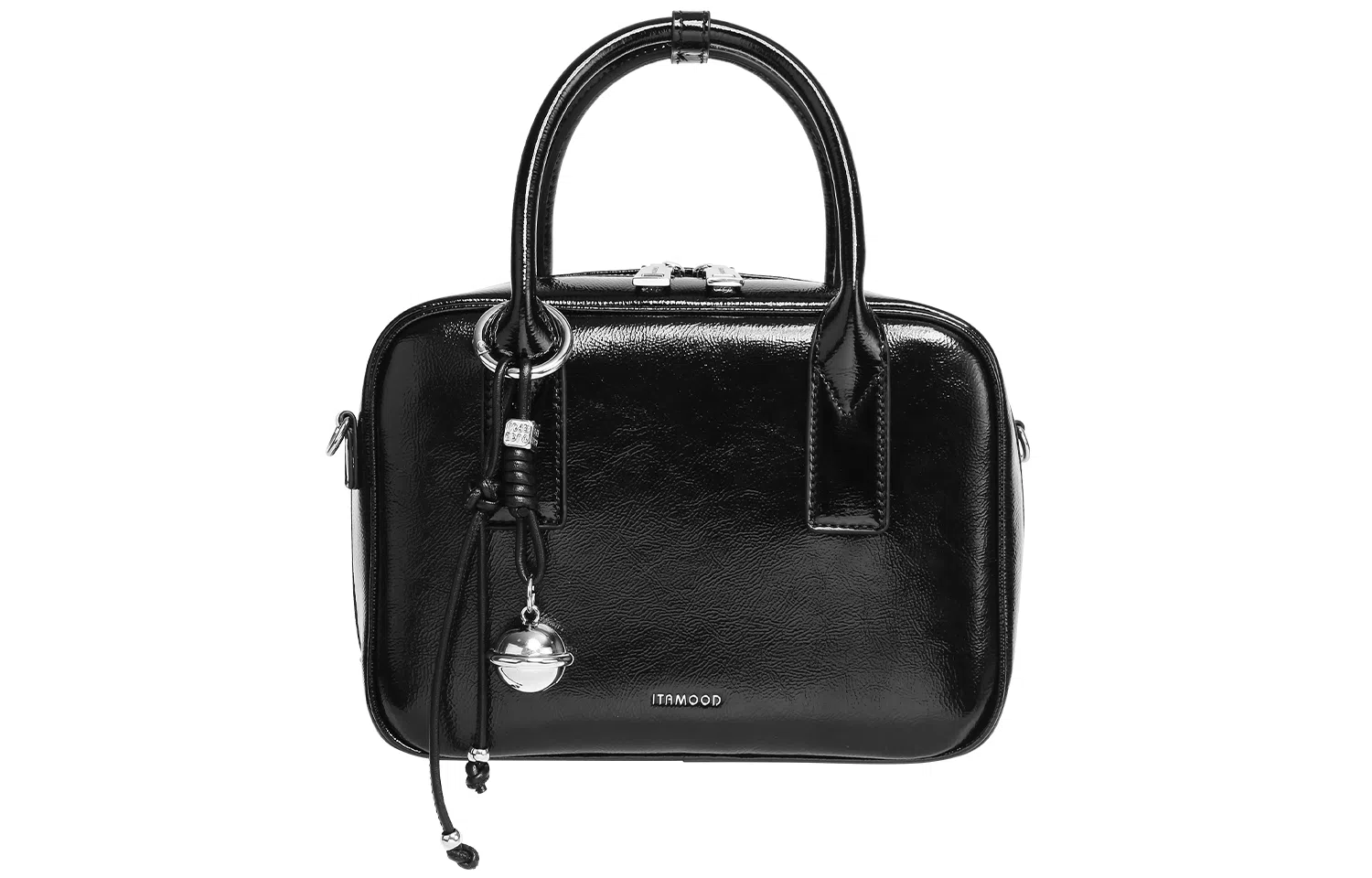 妙迪 小众铃铛挂件时尚简约高级感上班上学通勤百搭保龄球包波士顿枕头包 牛皮 手提单肩斜挎包 女款 曜石黑